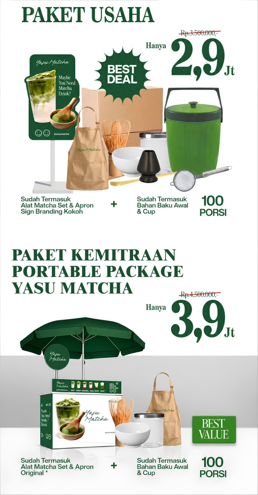 Detail Paket Usaha Yasu Matcha - lengkap peralatan dan bahan baku 100 porsi